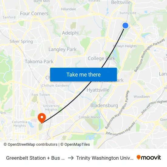 Greenbelt Station + Bus Bay B to Trinity Washington University map