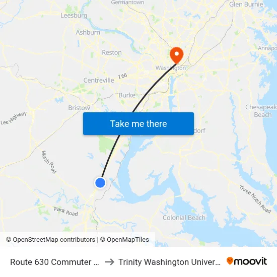 Route 630 Commuter Lot to Trinity Washington University map