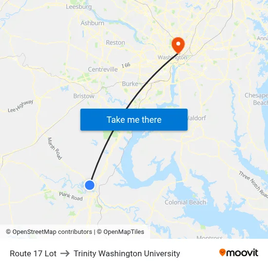 Route 17 Lot to Trinity Washington University map