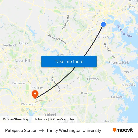 Patapsco Station to Trinity Washington University map