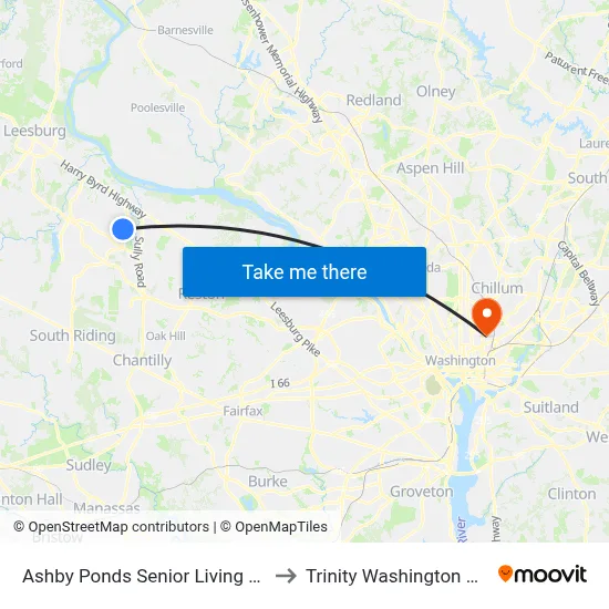 Ashby Ponds Senior Living Community to Trinity Washington University map