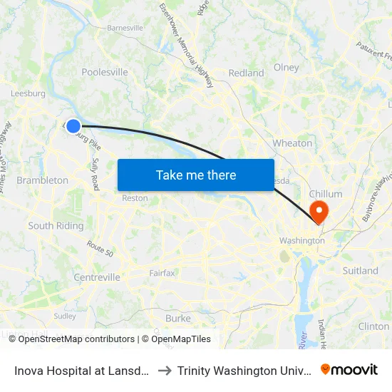 Inova Hospital at Lansdowne to Trinity Washington University map