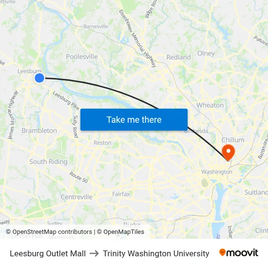 Leesburg Outlet Mall to Trinity Washington University map
