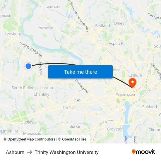 Ashburn to Trinity Washington University map