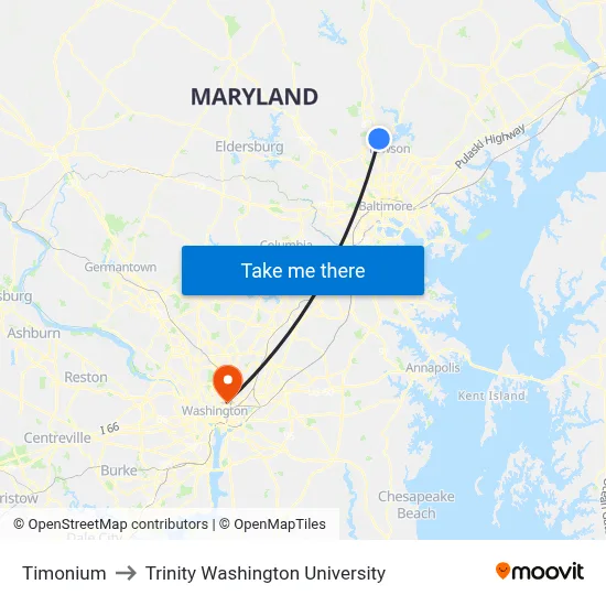 Timonium to Trinity Washington University map