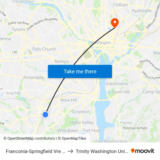 Franconia-Springfield Vre Station to Trinity Washington University map
