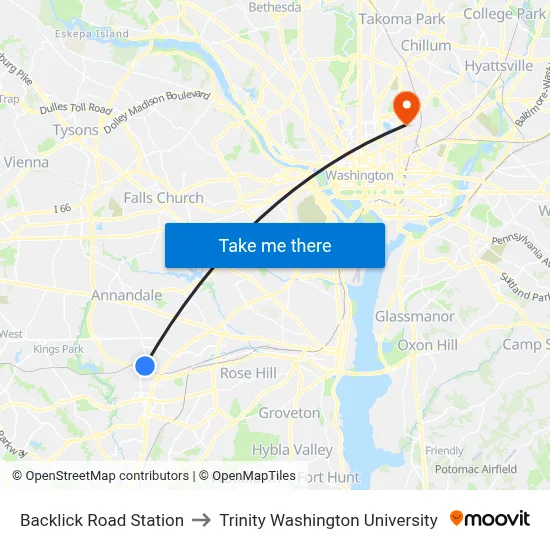 Backlick Road Station to Trinity Washington University map