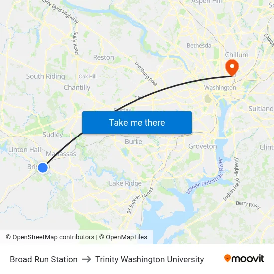 Broad Run Station to Trinity Washington University map