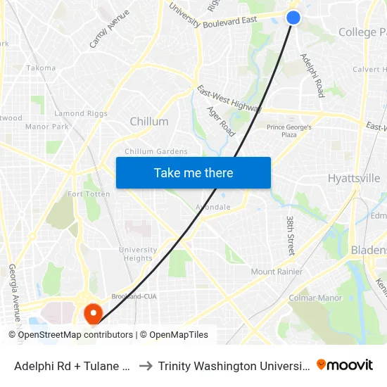 Adelphi Rd + Tulane Dr to Trinity Washington University map