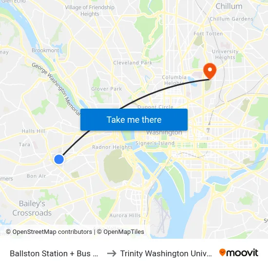 Ballston Station + Bus Bay H to Trinity Washington University map