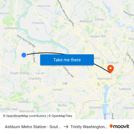 Ashburn Metro Station - South Kiss And Ride to Trinity Washington University map