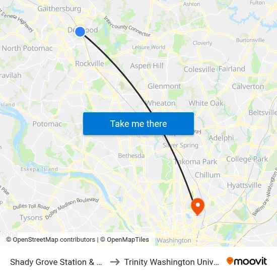 Shady Grove Station & Bay K to Trinity Washington University map