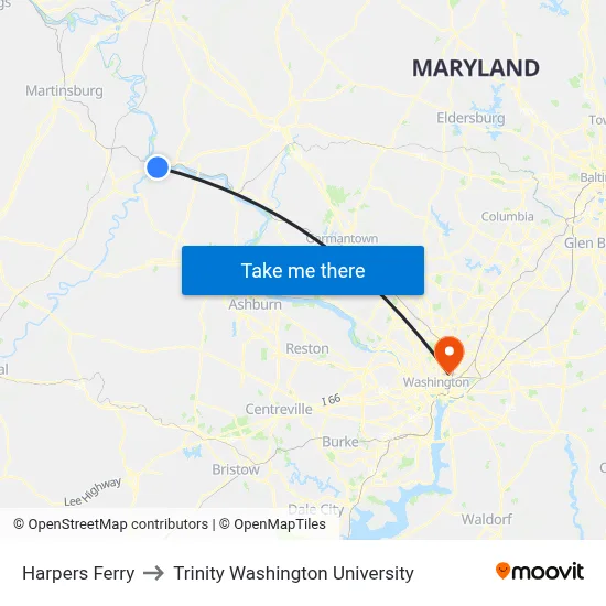 Harpers Ferry to Trinity Washington University map