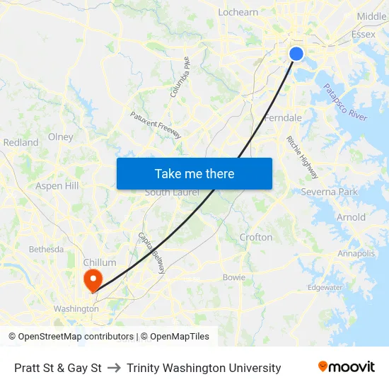Pratt St & Gay St to Trinity Washington University map