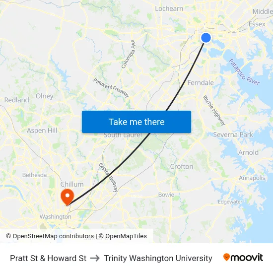 Pratt St & Howard St to Trinity Washington University map