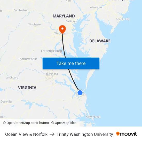 Ocean View & Norfolk to Trinity Washington University map