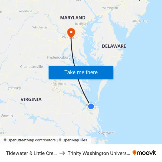 Tidewater & Little Creek to Trinity Washington University map