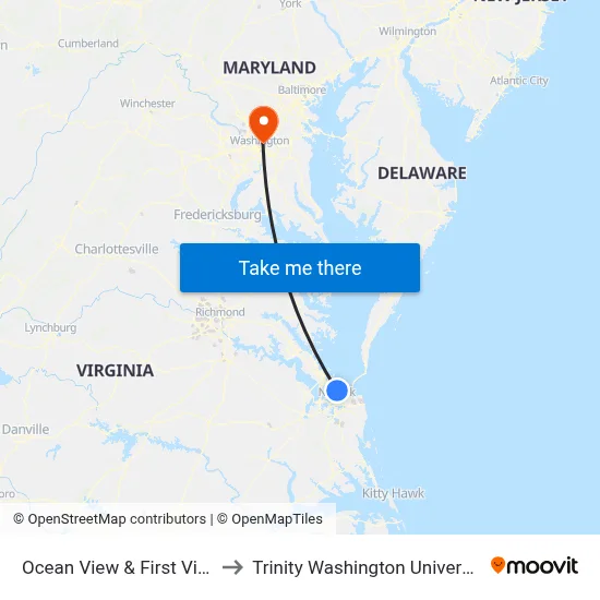 Ocean View & First View to Trinity Washington University map