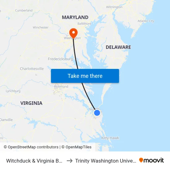 Witchduck & Virginia Beach to Trinity Washington University map