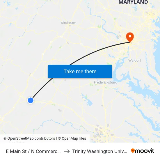 E Main St / N Commerce Ave to Trinity Washington University map