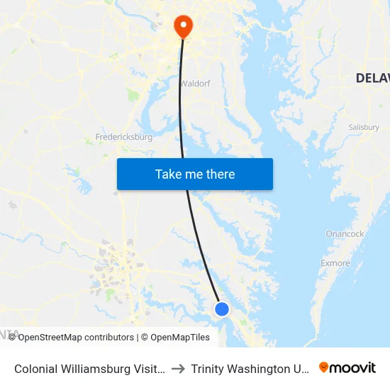Colonial Williamsburg Visitor Center to Trinity Washington University map