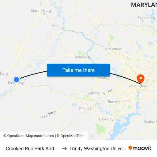 Crooked Run Park And Ride to Trinity Washington University map