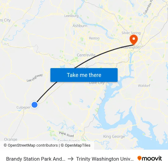 Brandy Station Park And Ride to Trinity Washington University map