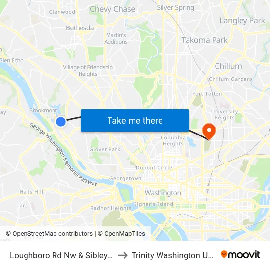 Loughboro Rd Nw & Sibley Hospital to Trinity Washington University map