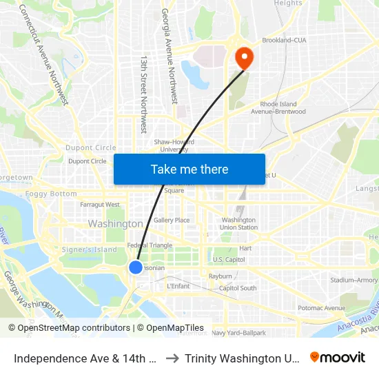 Independence Ave & 14th St Sw Wb to Trinity Washington University map