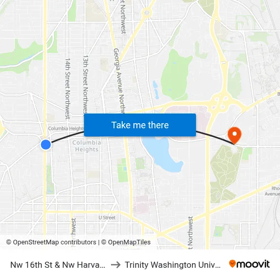 Nw 16th St & Nw Harvard St to Trinity Washington University map