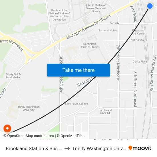 Brookland Station & Bus Bay B to Trinity Washington University map