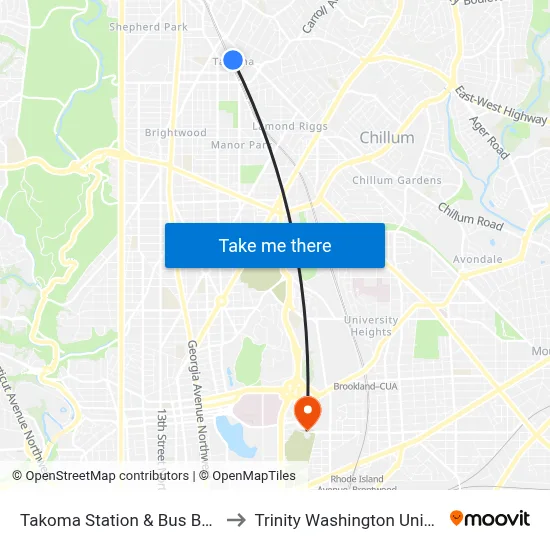 Takoma Station & Bus Bay E&F to Trinity Washington University map