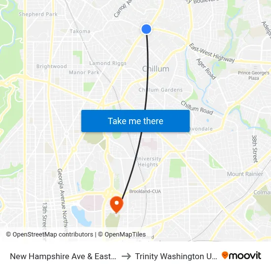 New Hampshire Ave & East-West Hwy to Trinity Washington University map