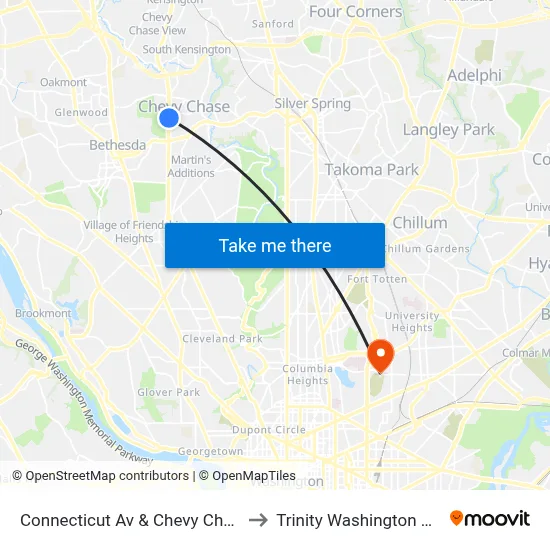 Connecticut Av & Chevy Chase Lake Dr to Trinity Washington University map