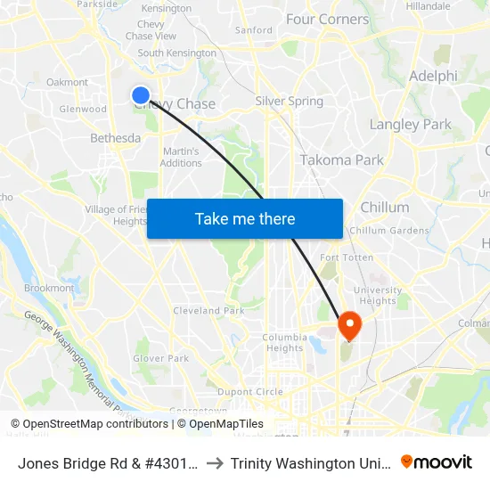 Jones Bridge Rd & #4301 Usuhs to Trinity Washington University map