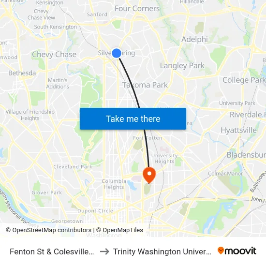 Fenton St & Colesville Rd to Trinity Washington University map