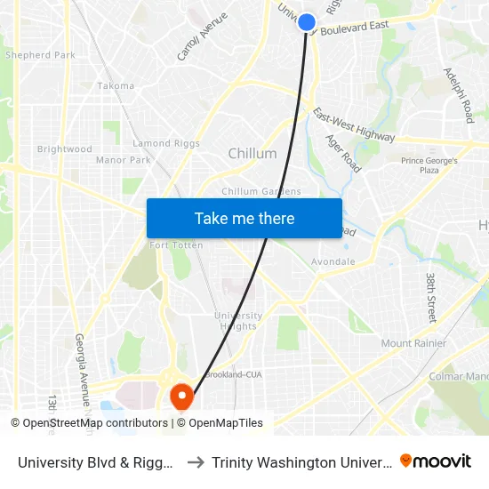 University Blvd & Riggs Rd to Trinity Washington University map