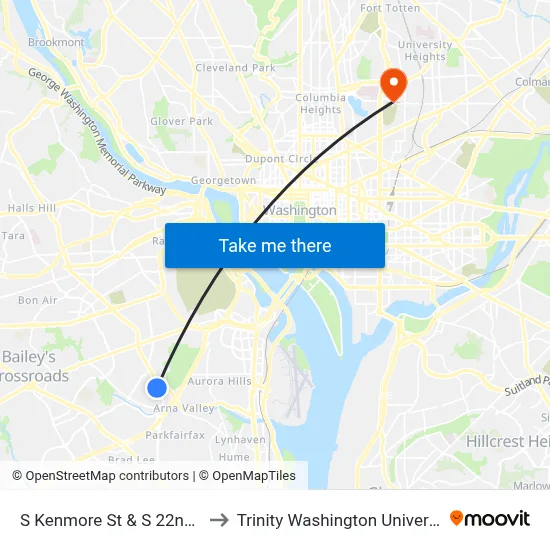 S Kenmore St & S 22nd St to Trinity Washington University map