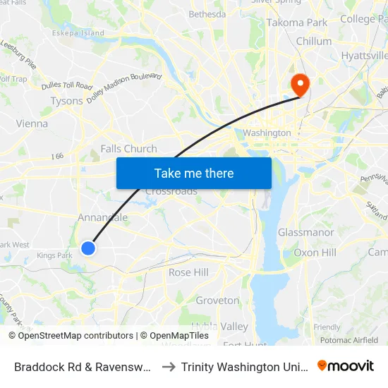 Braddock Rd & Ravensworth Rd to Trinity Washington University map