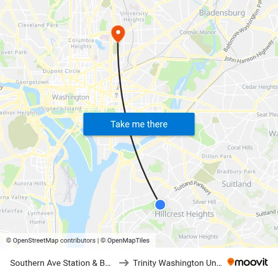 Southern Ave Station & Bus Bay Q to Trinity Washington University map