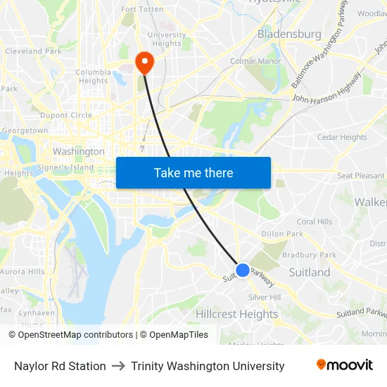 Naylor Rd Station to Trinity Washington University map
