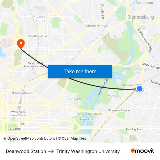 Deanwood Station to Trinity Washington University map