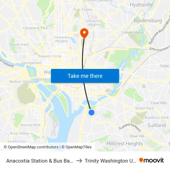 Anacostia Station & Bus Bay A, B, C, D to Trinity Washington University map
