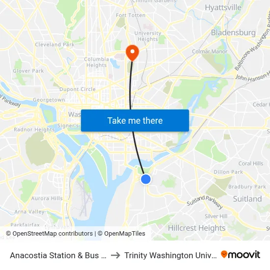 Anacostia Station & Bus Bay G to Trinity Washington University map