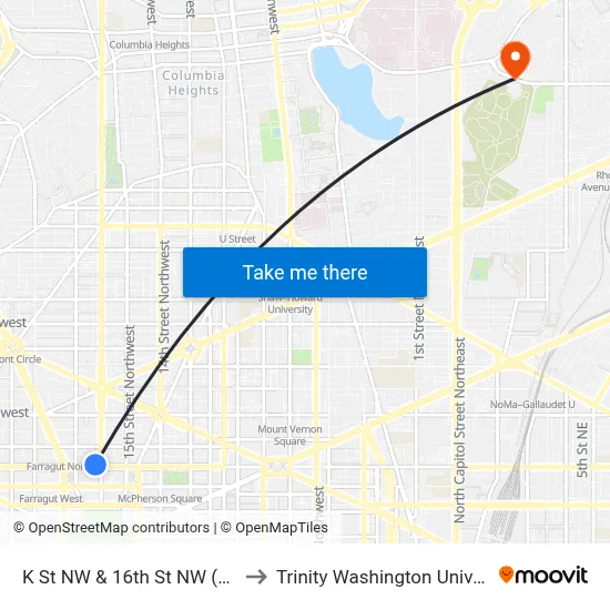 K St NW & 16th St NW (Main) to Trinity Washington University map