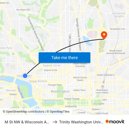 M St NW & Wisconsin Ave NW to Trinity Washington University map
