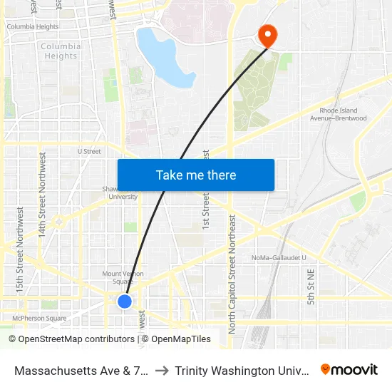 Massachusetts Ave & 7th St to Trinity Washington University map
