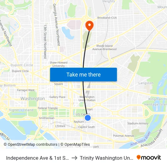 Independence Ave & 1st St Se Wb to Trinity Washington University map