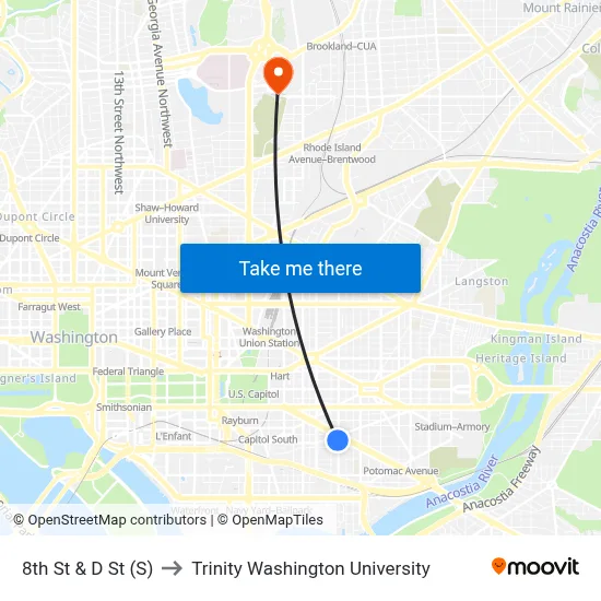 8th St & D St (S) to Trinity Washington University map
