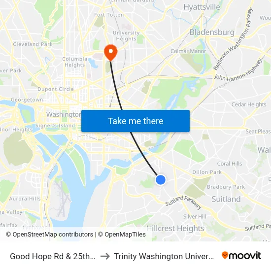Good Hope Rd & 25th St to Trinity Washington University map